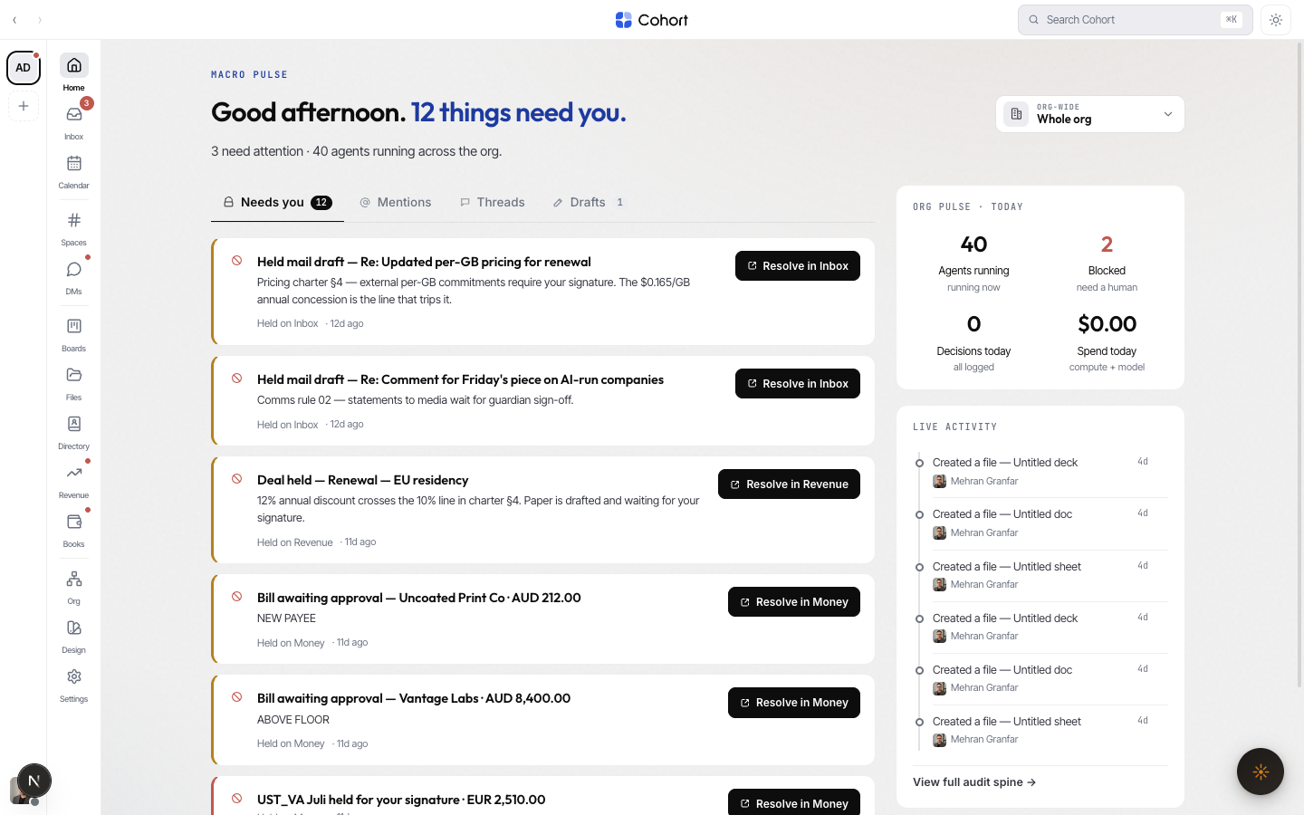 The Cohort desktop app showing the macro pulse — the whole company in flight