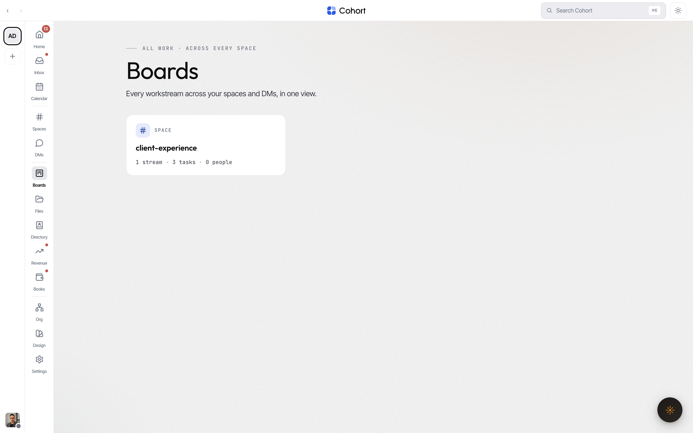 The Boards page: a grid of cards, one per Space or DM that owns workstreams, each with stream, task, and people counts