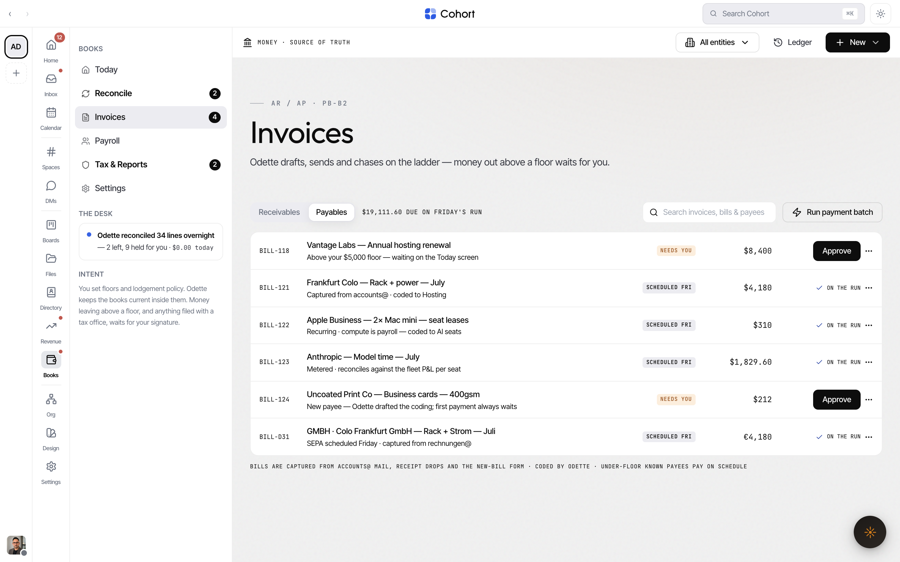 The payables list with approvals and the Run payment batch button