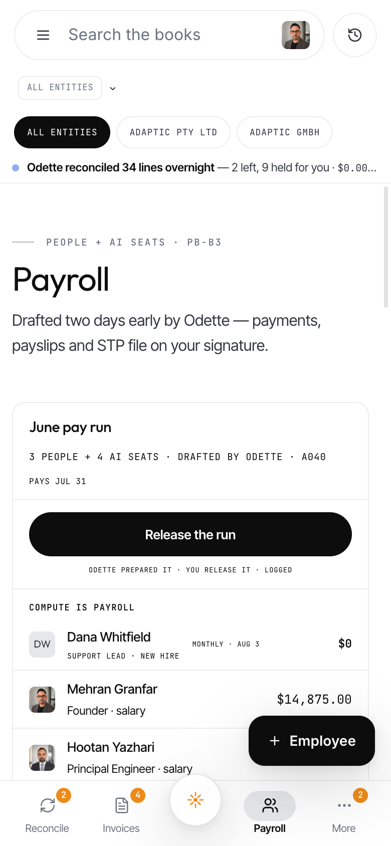 The phone release button on the pay run