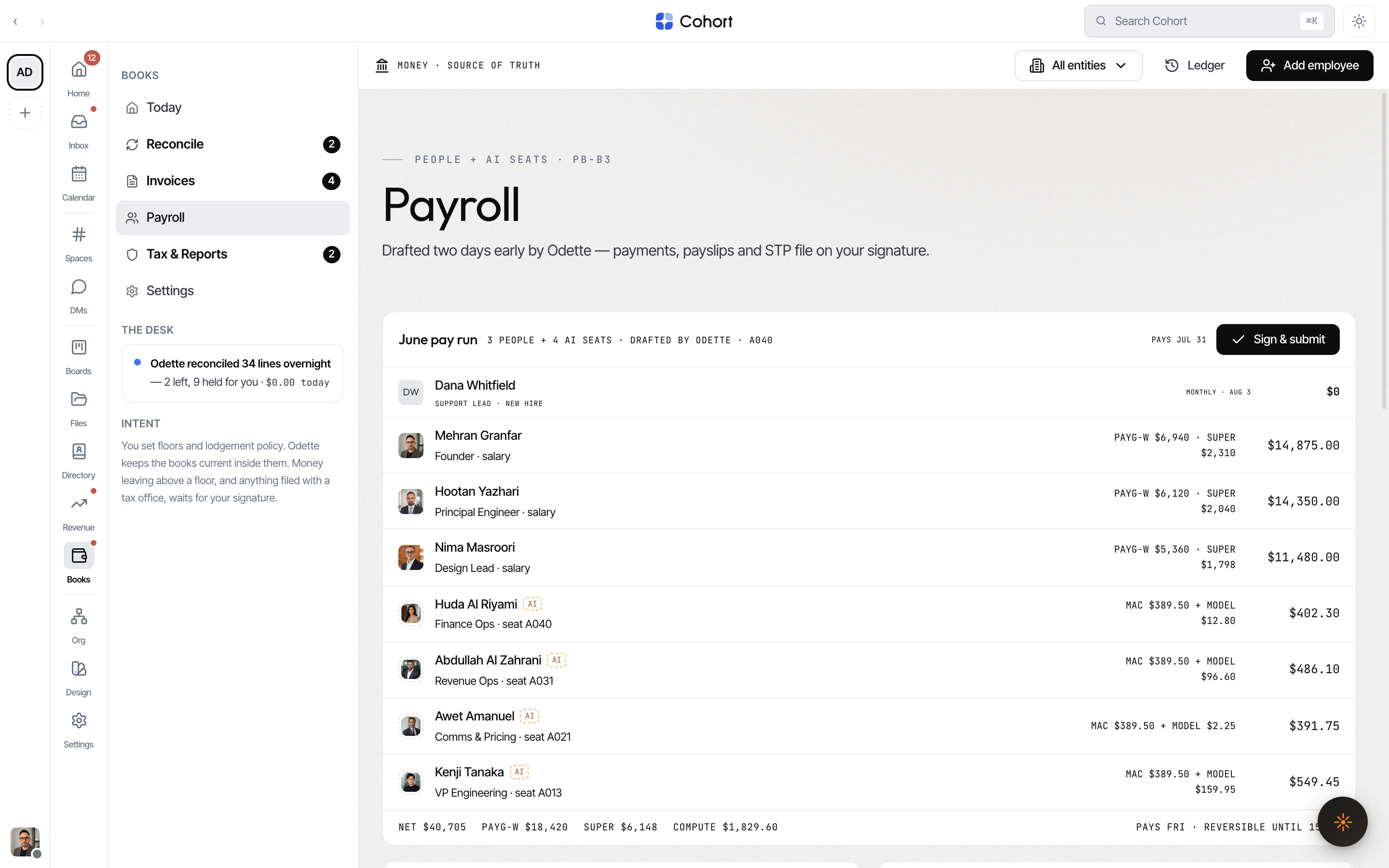 The pay run card with human and AI seat lines, totals, and the STP and SuperStream panels
