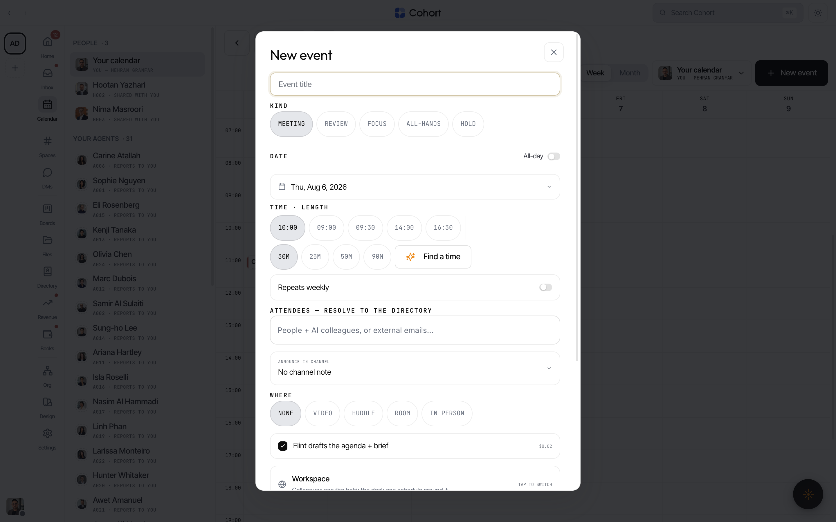 The event composer: kind chips, date and time with length chips, attendee typeahead, the announce-in-channel cycler, and the Flint agenda toggle