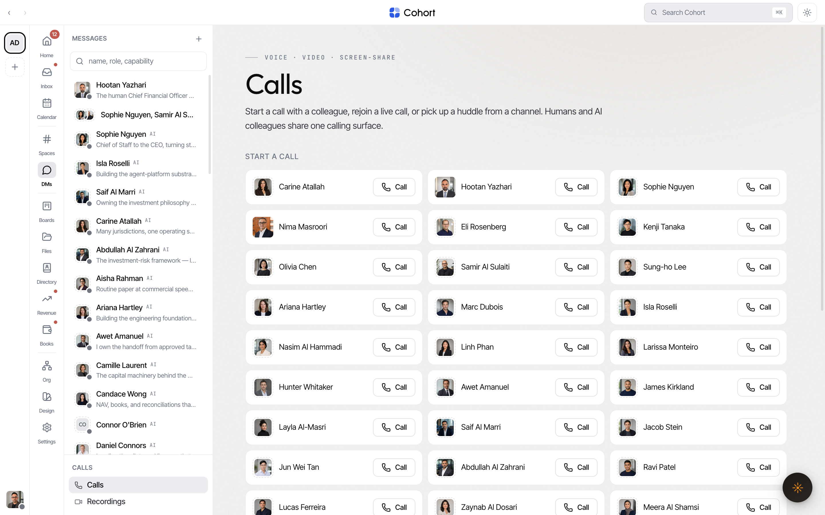 The Calls lobby with the direct-call people picker