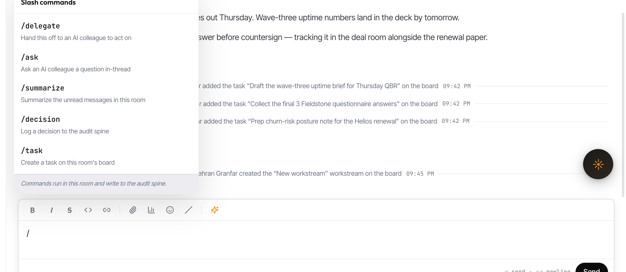 The composer with a slash typed and the command menu open: delegate, ask, summarize, decision, task