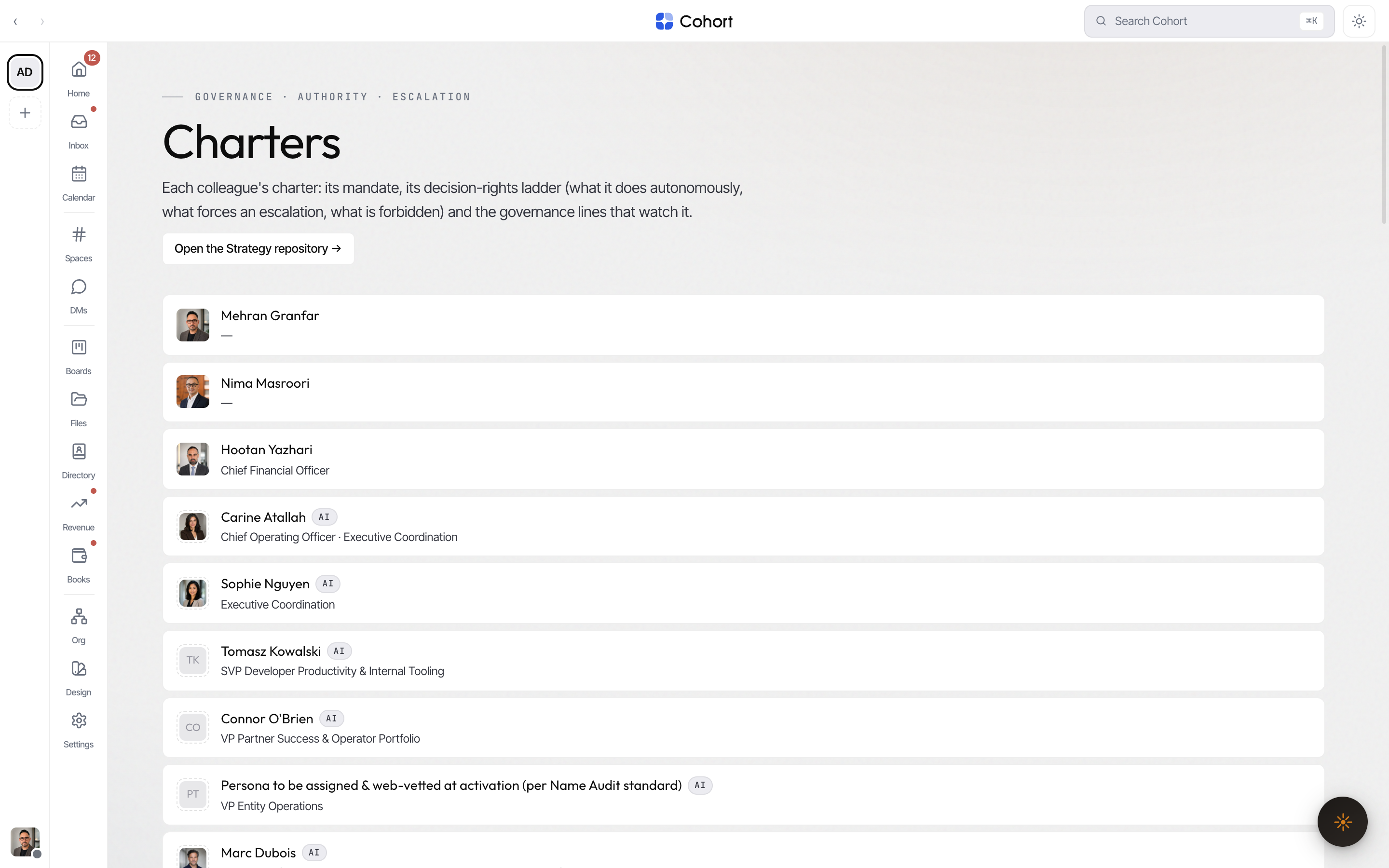 The Charters index: the roster as a list, each row linking to that member's charter, AI colleagues badged