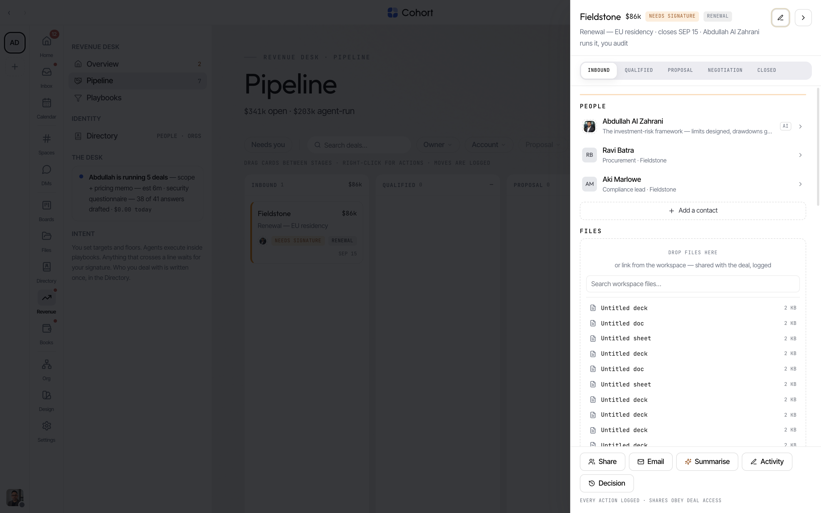 An open deal record with timeline, people, files and the next best action