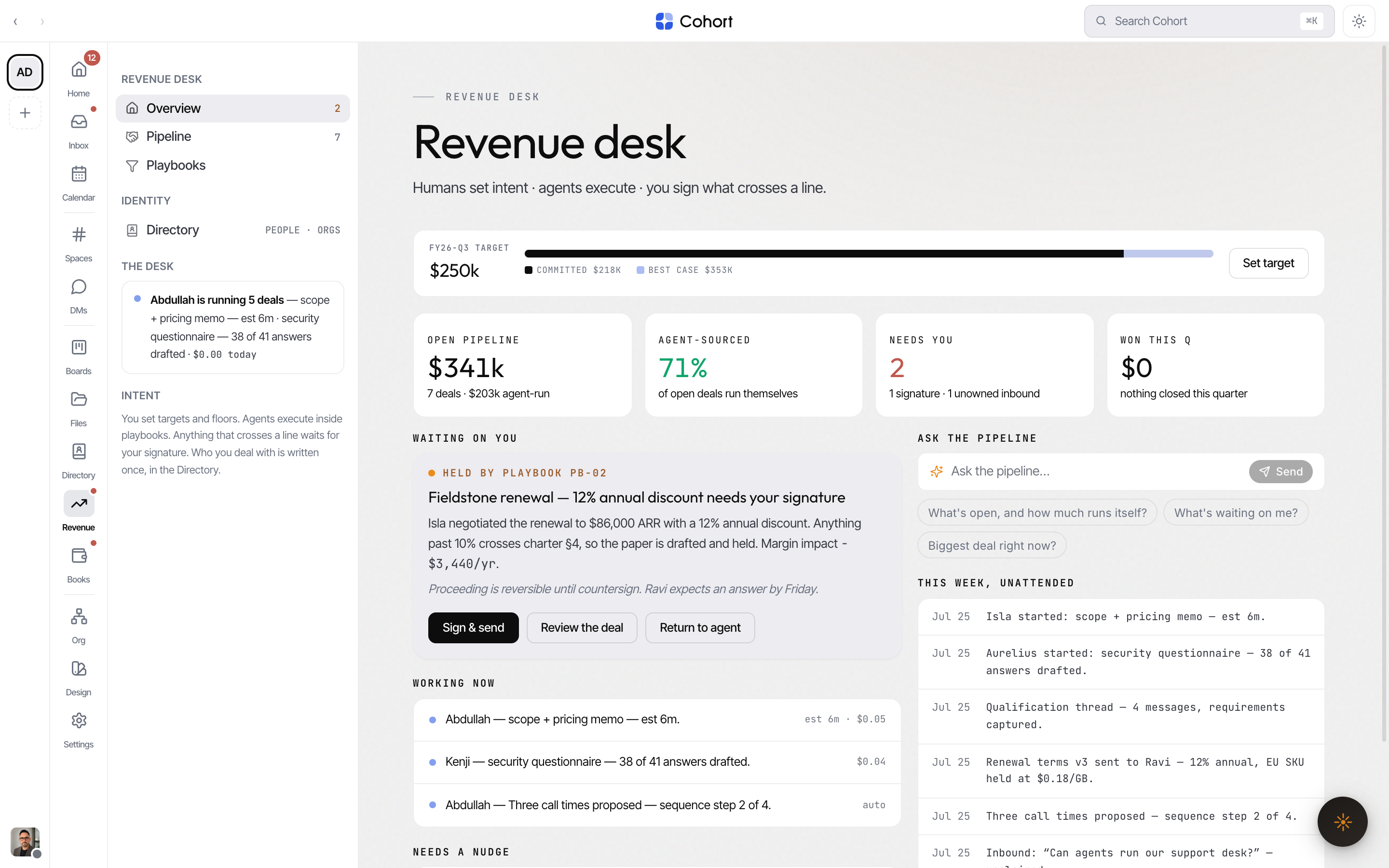The Revenue desk overview with target, tiles and the escalation card