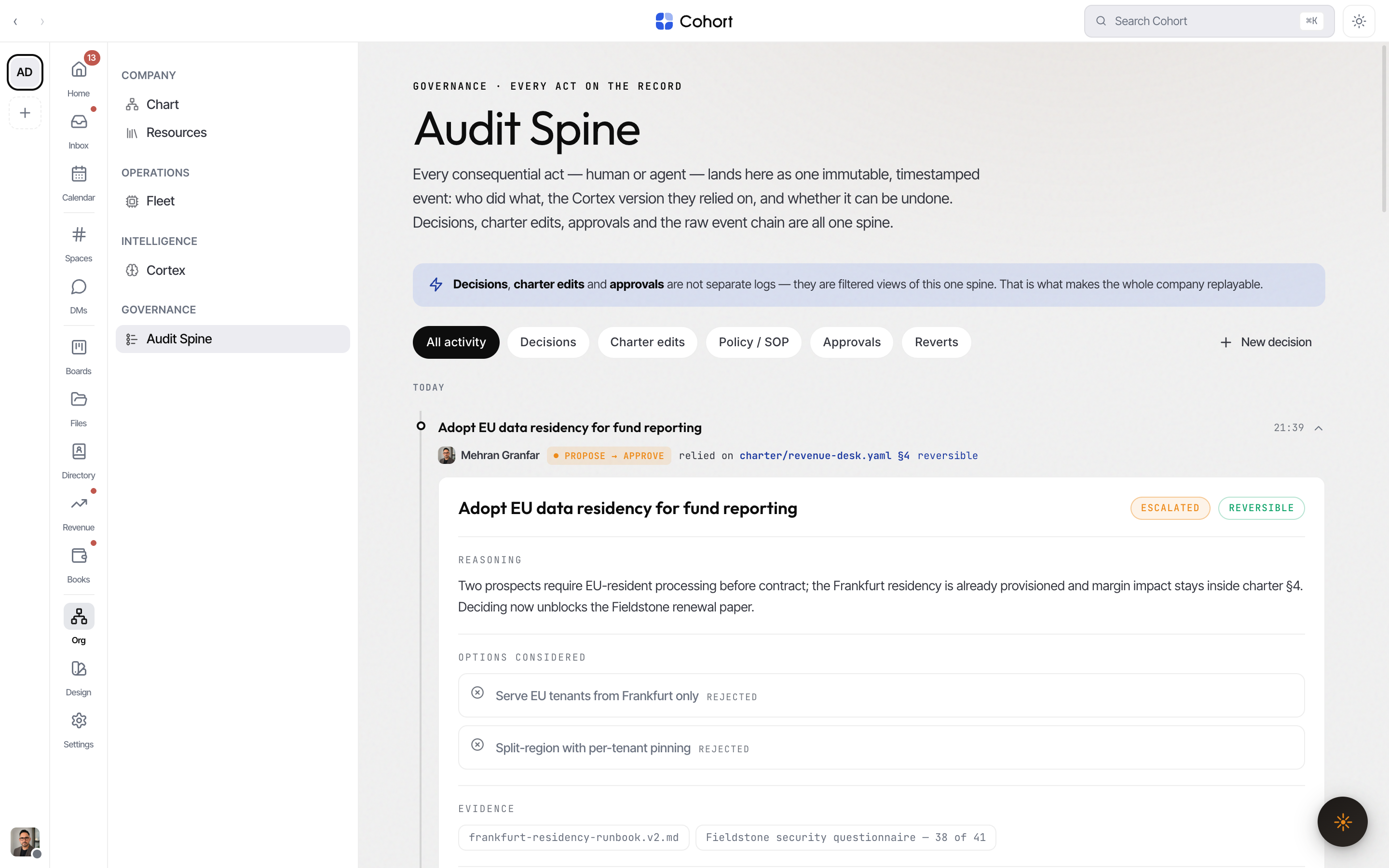 The Audit Spine page with the facet filter row over the day-grouped decision timeline