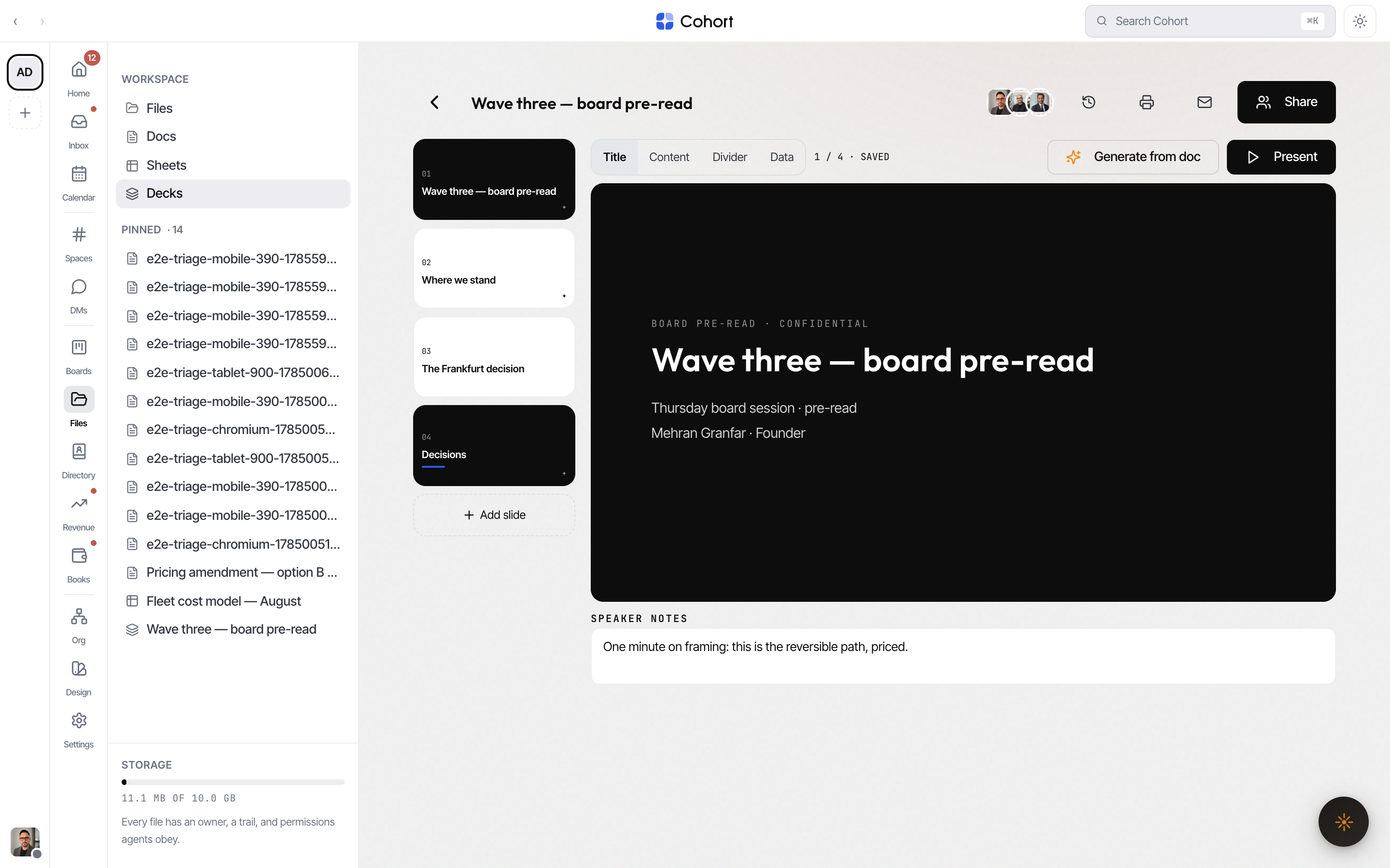 The deck editor with filmstrip, masters and speaker notes