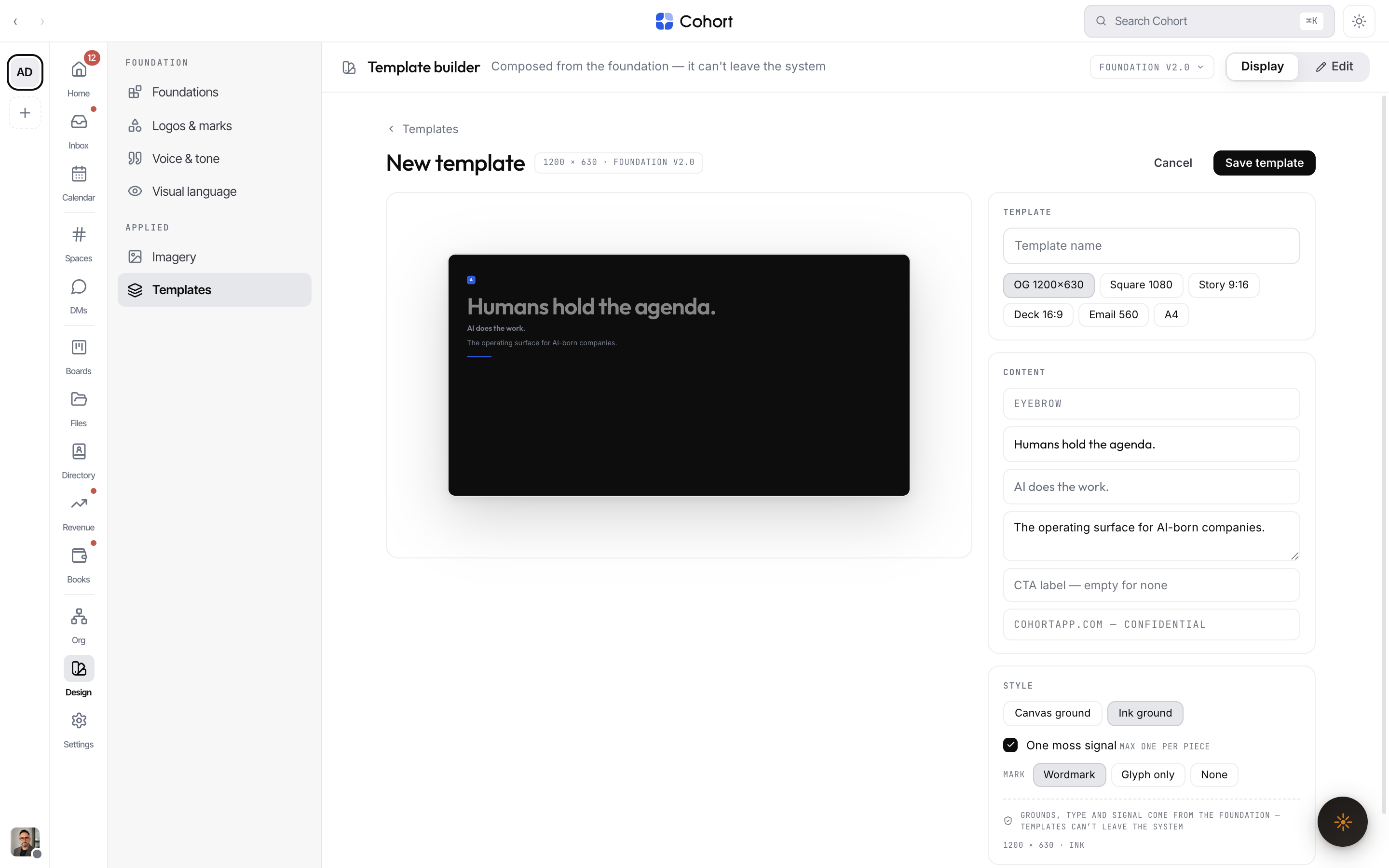 The full-screen template builder with base picker and live preview