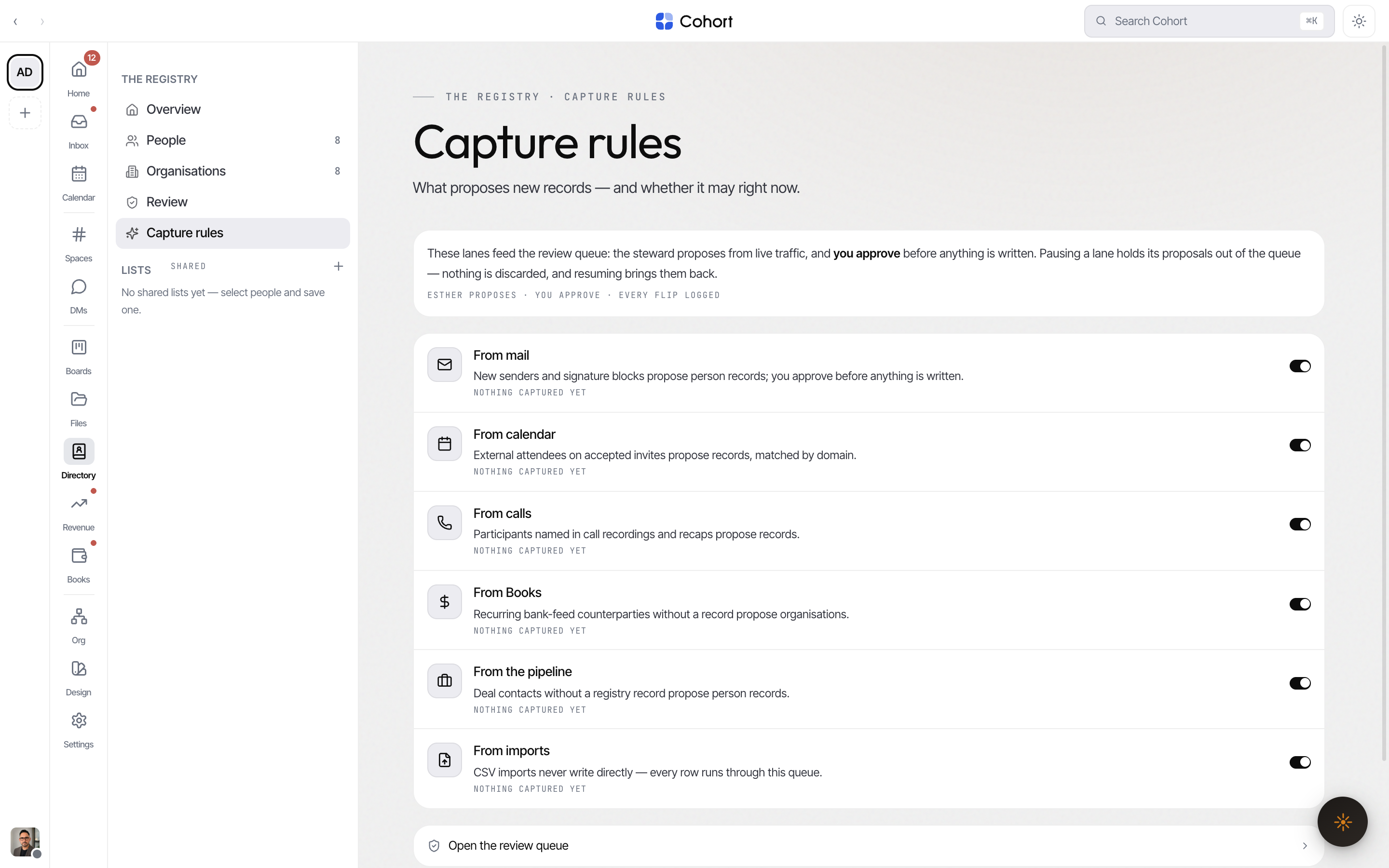 The capture rules with per-lane figures and pause toggles