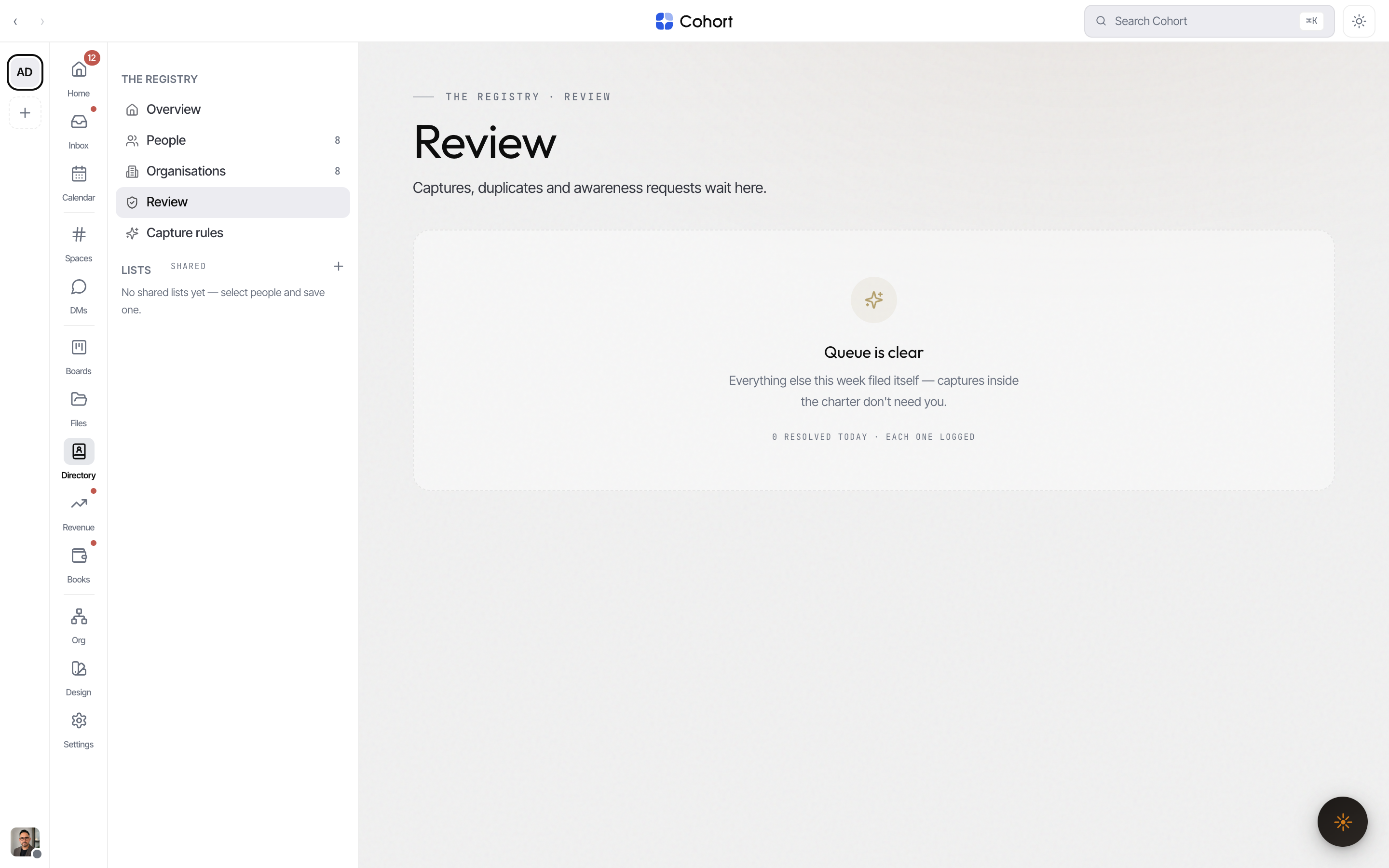 The review queue with capture cards, a duplicate and an awareness request