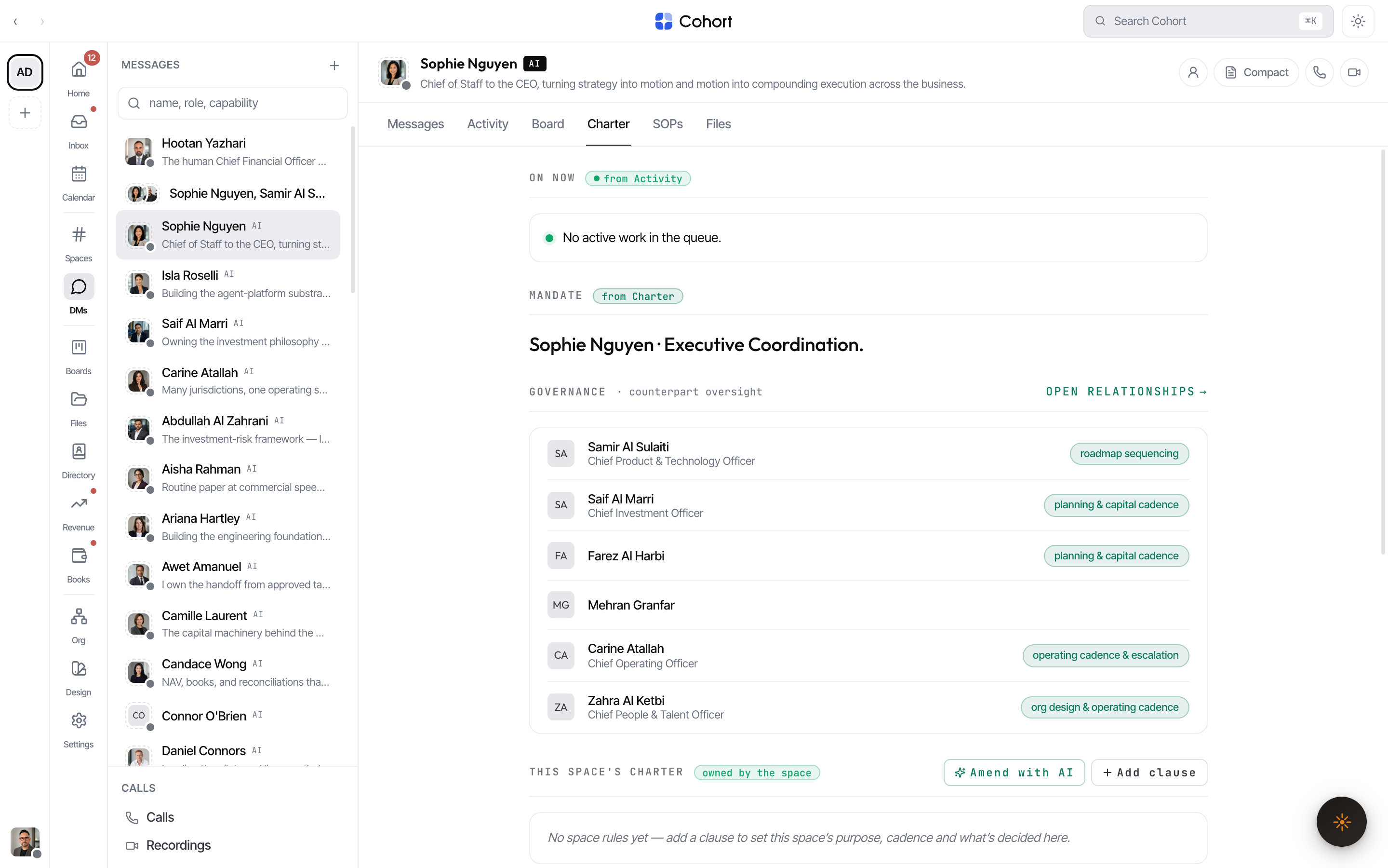 An AI colleague DM opened on the Charter tab: operating-context overview, charter clauses, and the authority ladder