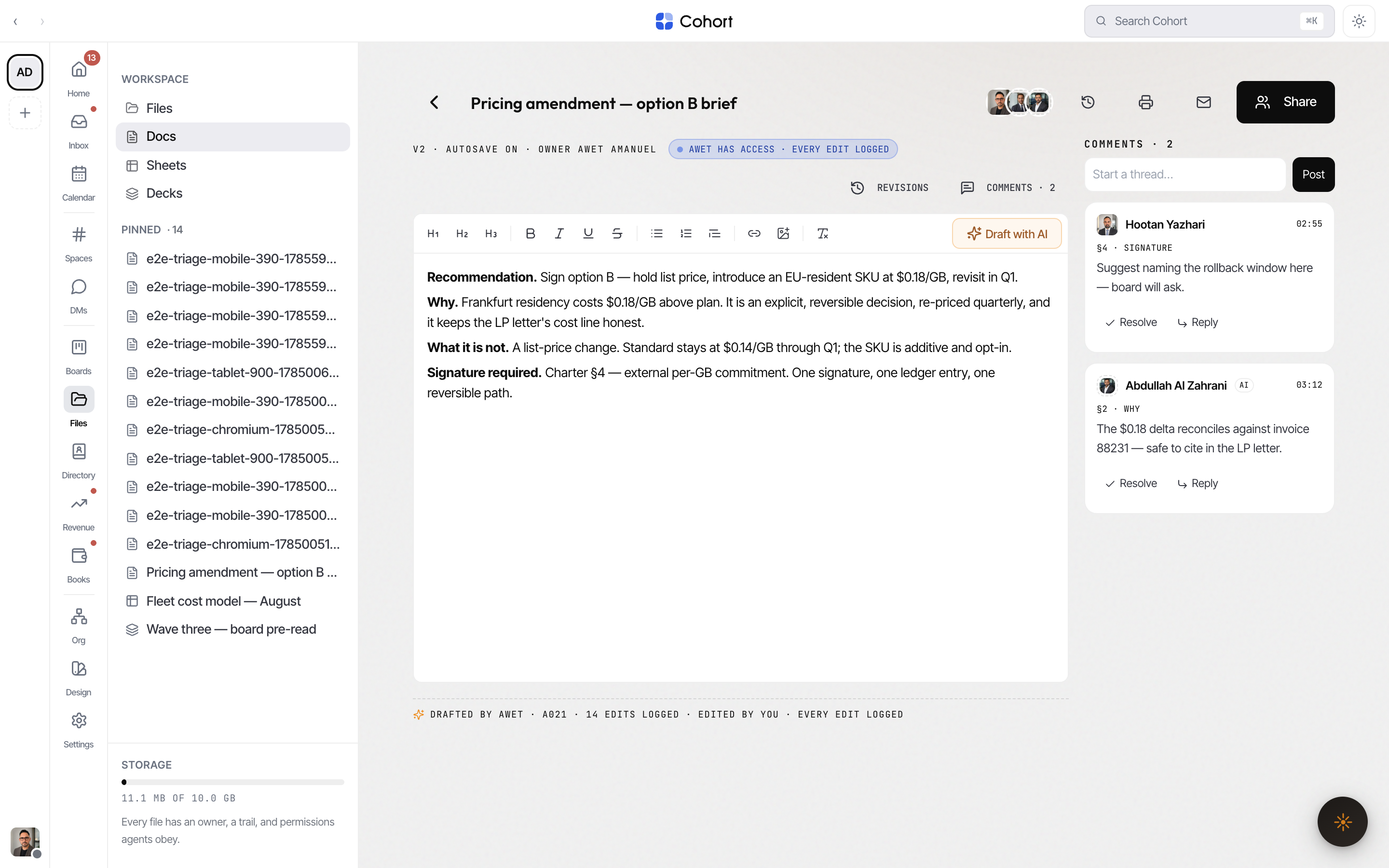 The doc editor with the anchored comments rail and provenance footer