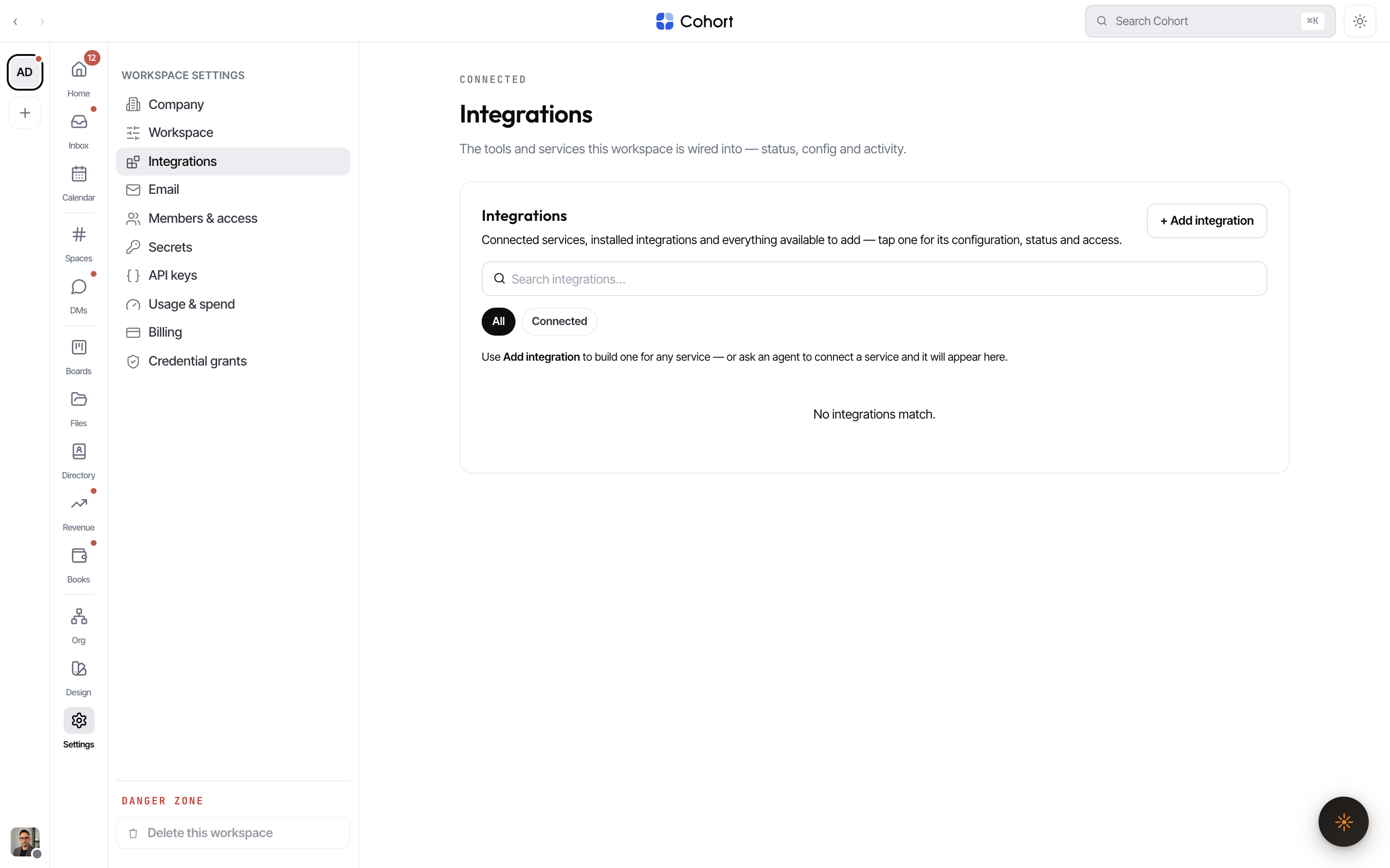 The Integrations tab in Settings, showing installed and available integration cards with search and category filter chips