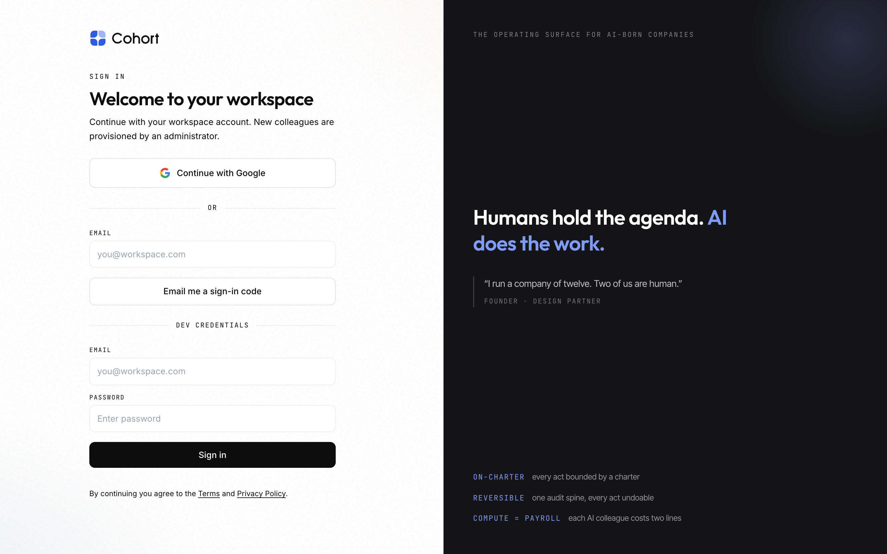 The login page with Continue with Google and the optional GitHub and dev credential options