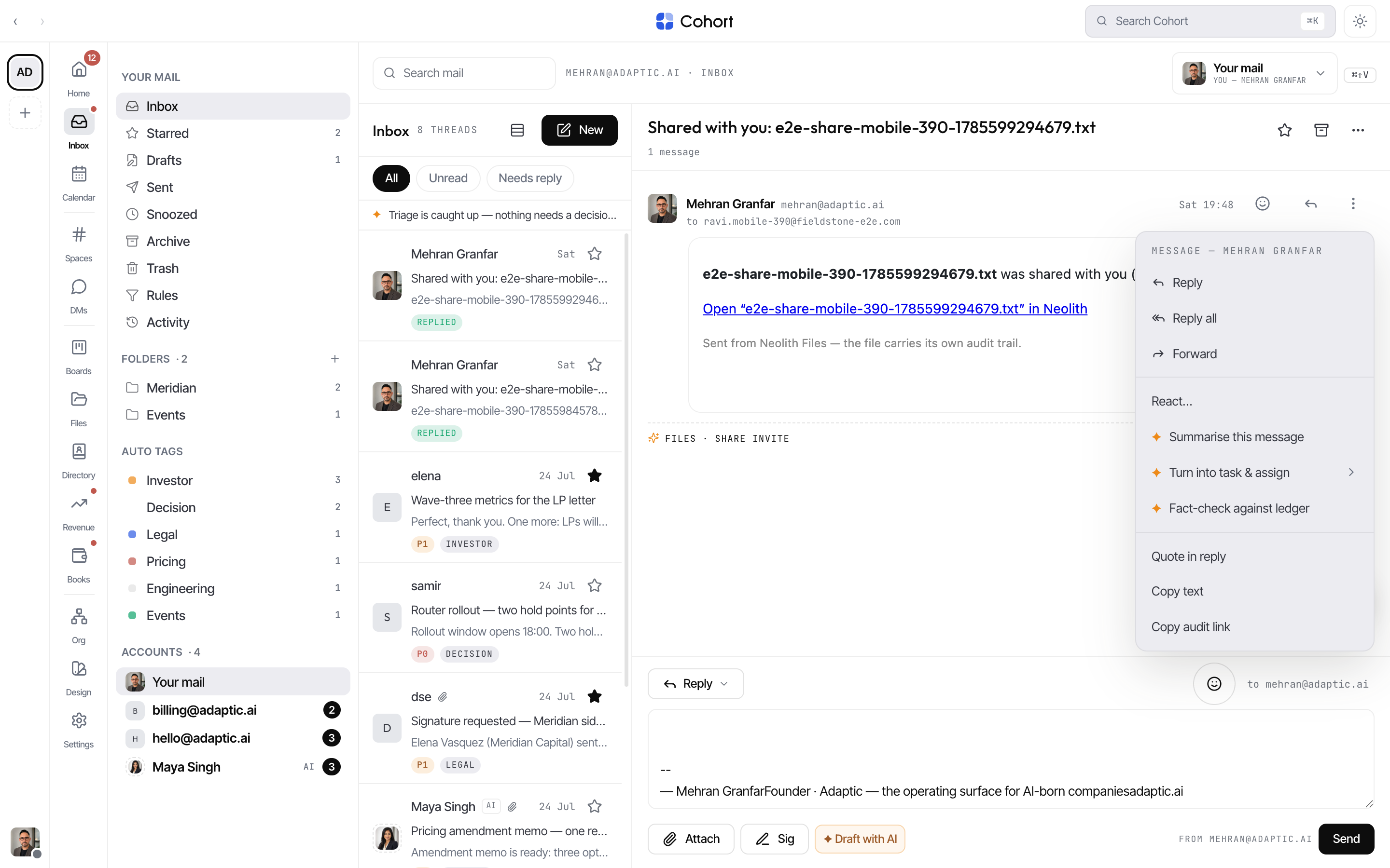 A message header with the hover-revealed Reply and overflow menu open, showing Reply, Reply all, Forward and AI actions