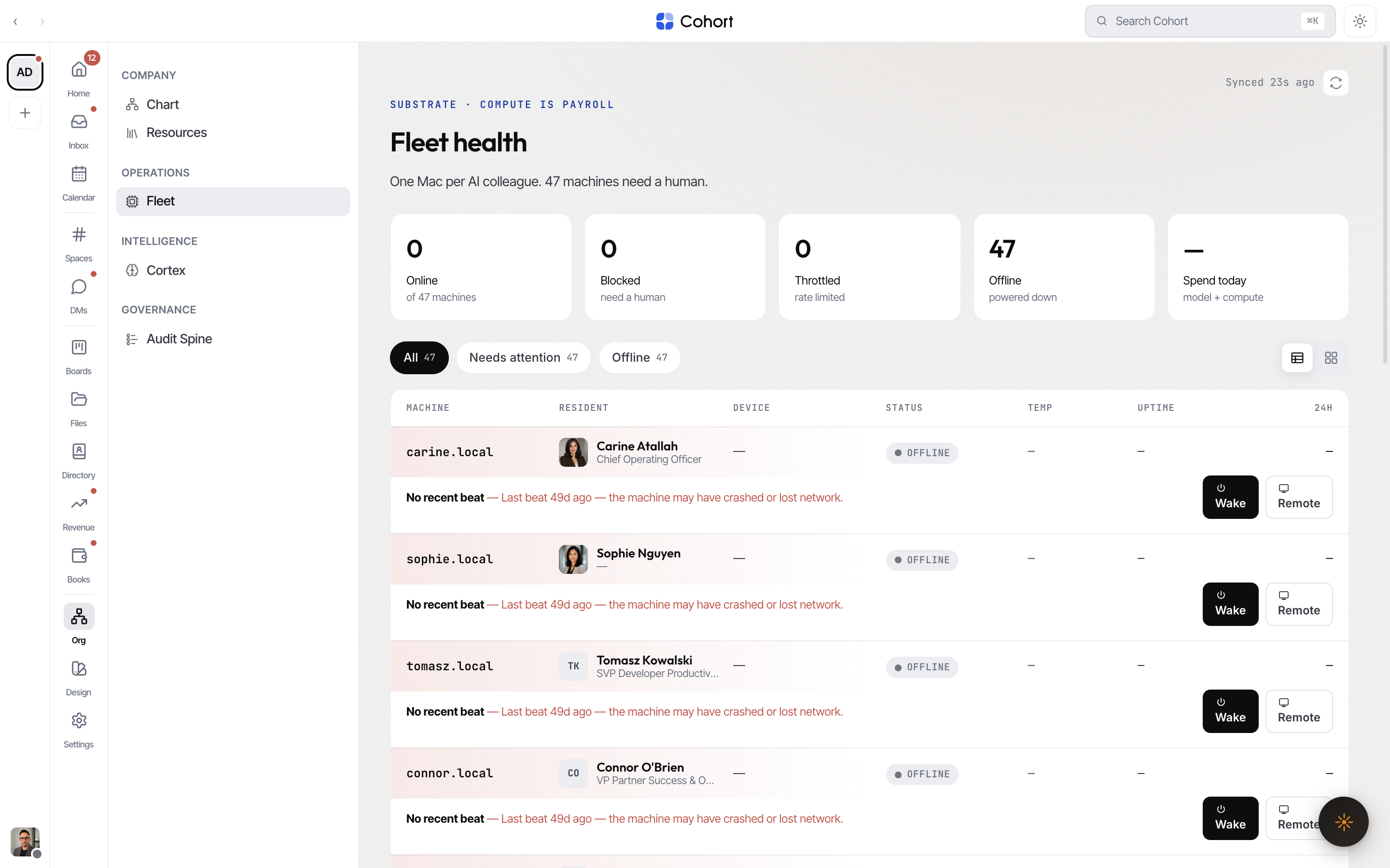 The Fleet page listing agent Macs with live health, temperature and spend columns