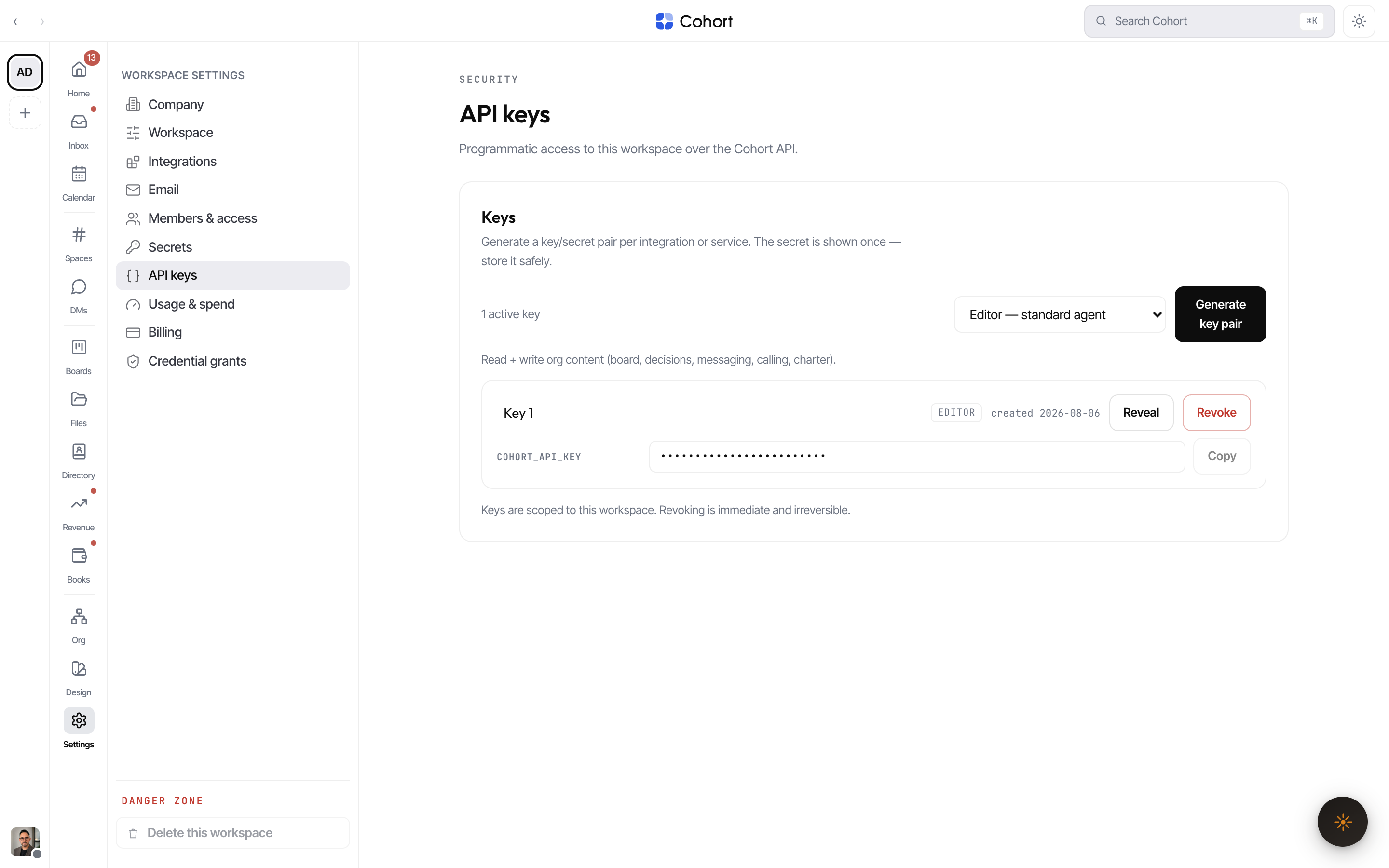 The API keys tab in workspace Settings, with the mint panel offering Editor, Viewer and Admin tiers