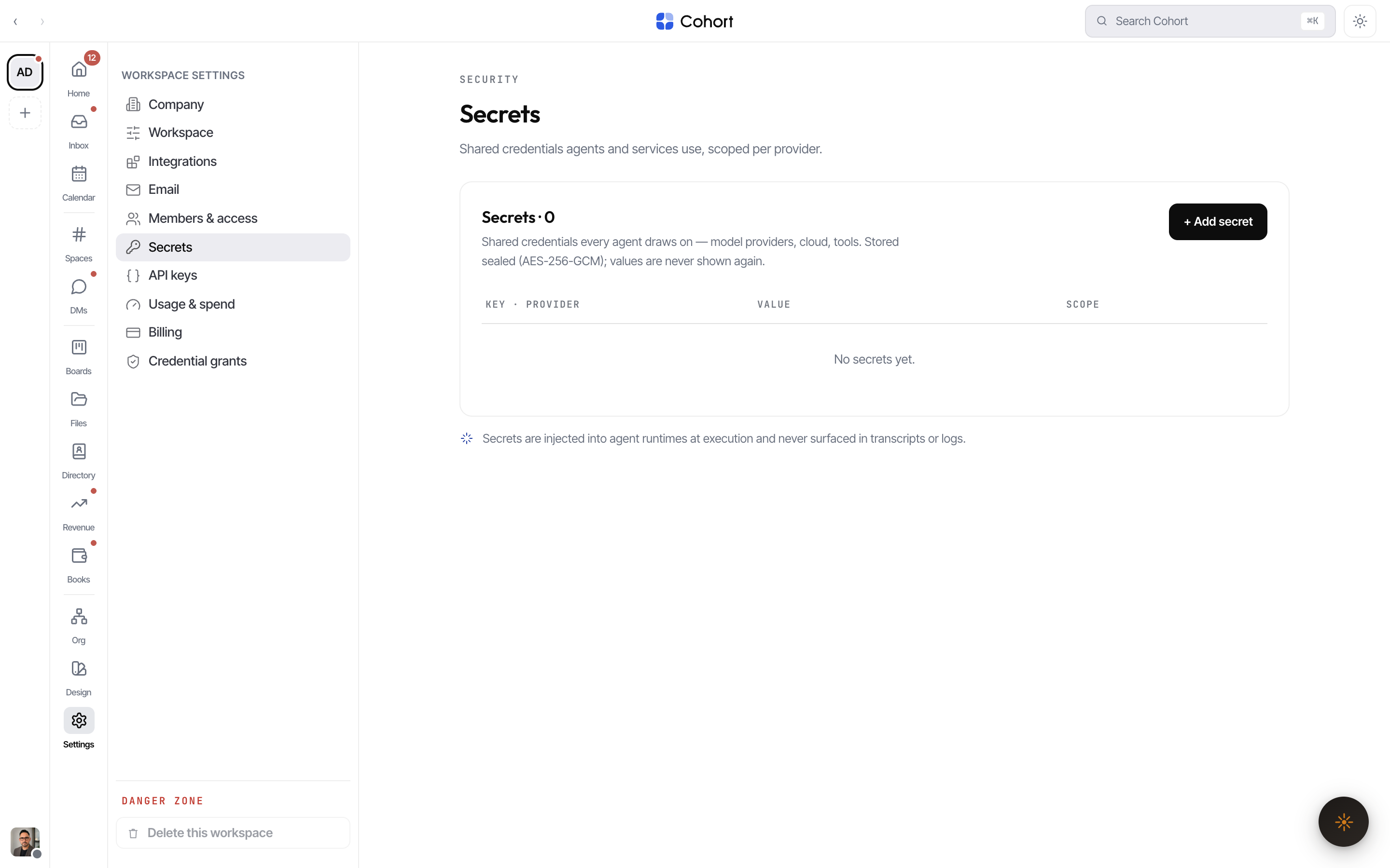 The Secrets tab in workspace Settings listing per-provider shared credentials