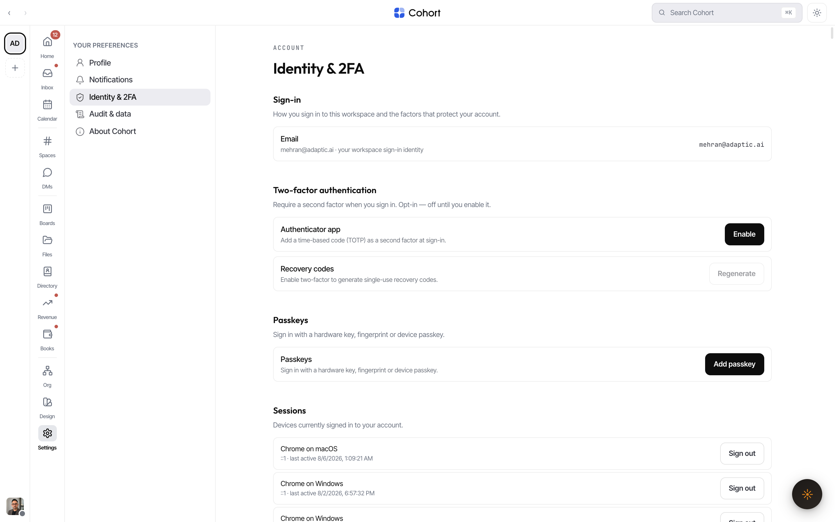 Two-factor, recovery codes, passkeys and sessions panels