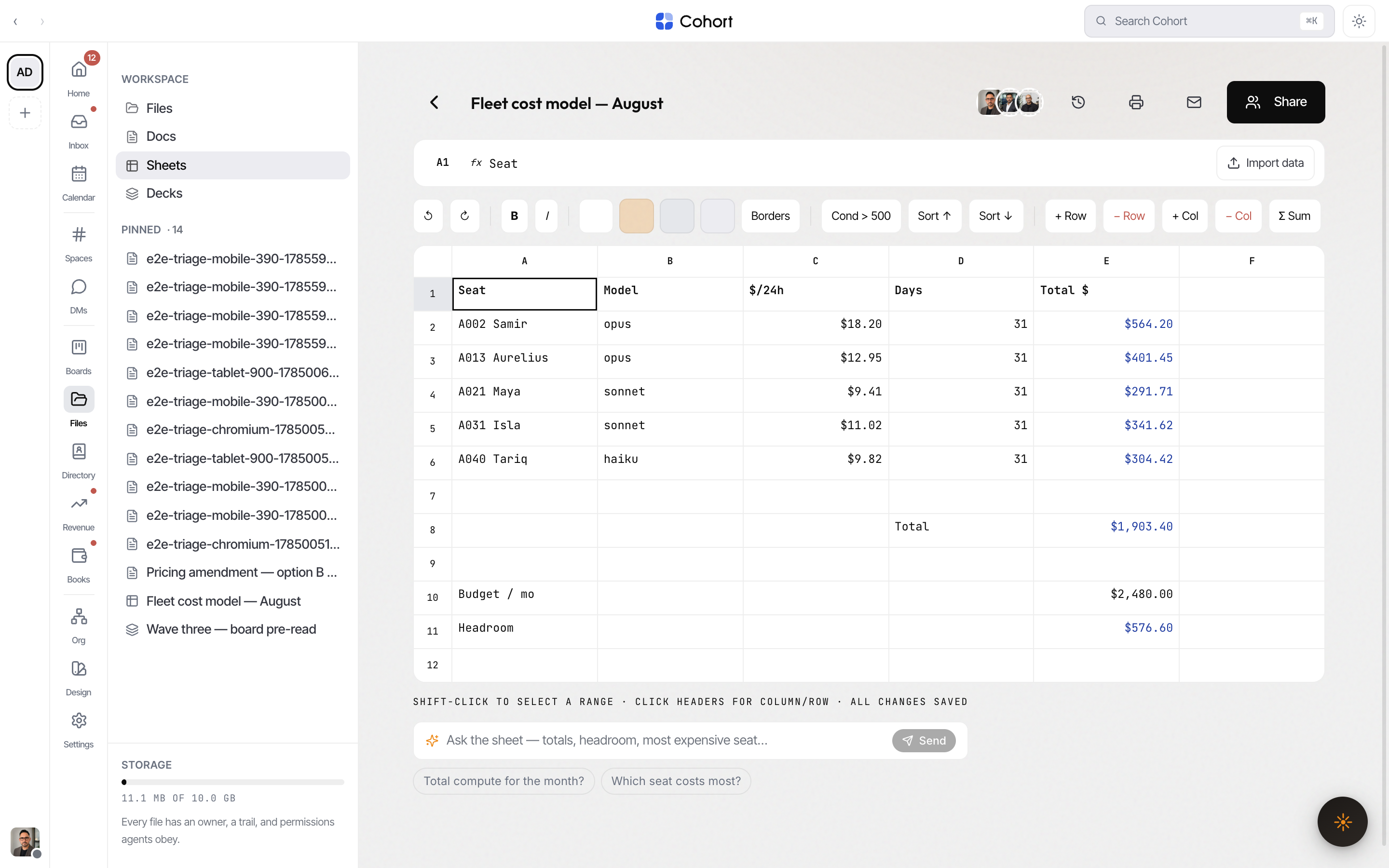 The sheet editor with formula bar, selection stats and a fed range