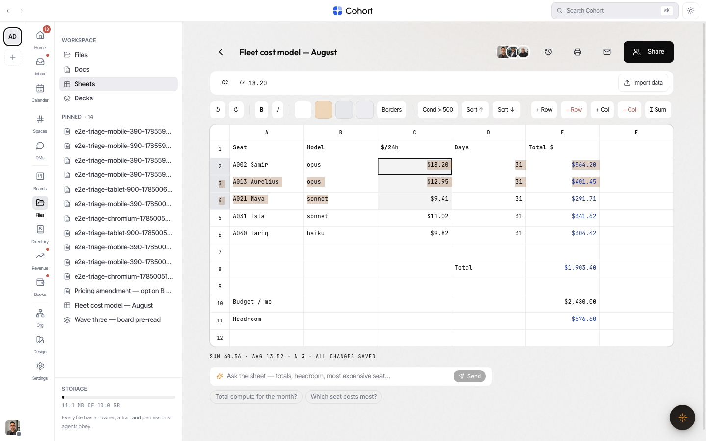 The Cohort sheet editor with the formula bar, a selected range, and an agent-fed range